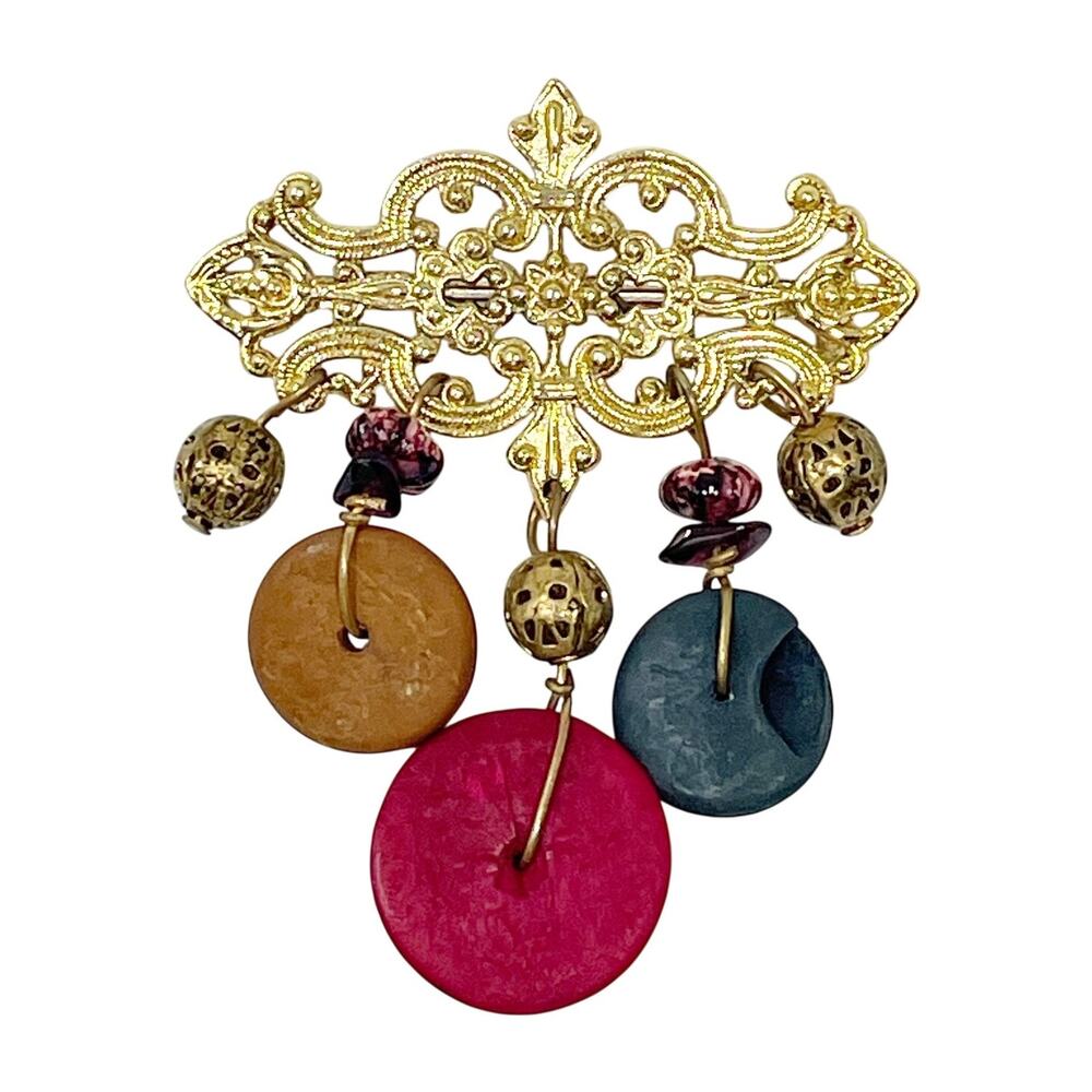 Vintage Gold Tone Ornate Bar Brooch with Wooden Mixed Metal Beads‎ Charms 2"
